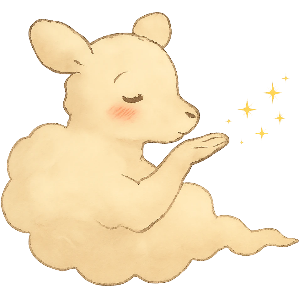 vanilla-colored cloud doe with rosy cheeks, floating gently while blowing a kiss with sparkles, soft ghibli style emoji
