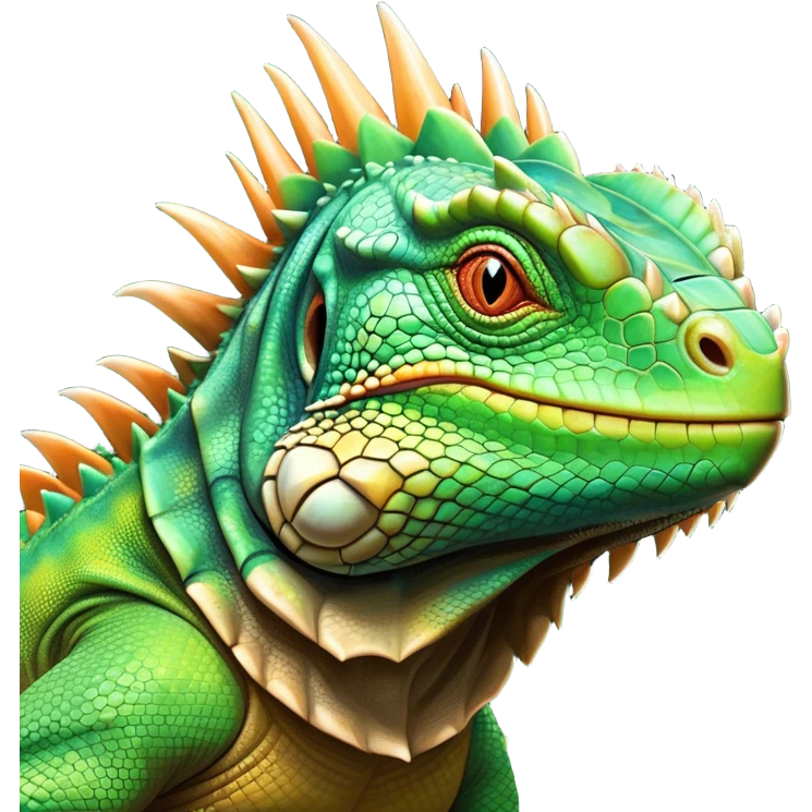 Cinematic Noble Iguana Portrait Emoji, Poised and majestic, with a robust, muscular build and a vibrant, scaly body accented by a prominent spiky crest and keen, observant eyes, Simplified yet sharp and sophisticated features, highly detailed, glowing with a soft, jungle radiance, high shine, intelligent and formidable, stylized with an air of ancient reptilian authority, focused and commanding, soft glowing outline, capturing the essence of a watchful guardian that appears ready to stride out of the screen with effortless might! emoji