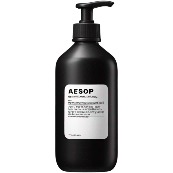 Liquid soap bottle by brand Aesop – black bottle with white label emoji