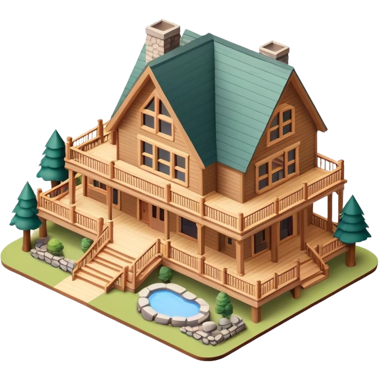Catskills mountain lodge, isometric dollhouse-style, realistic emoji