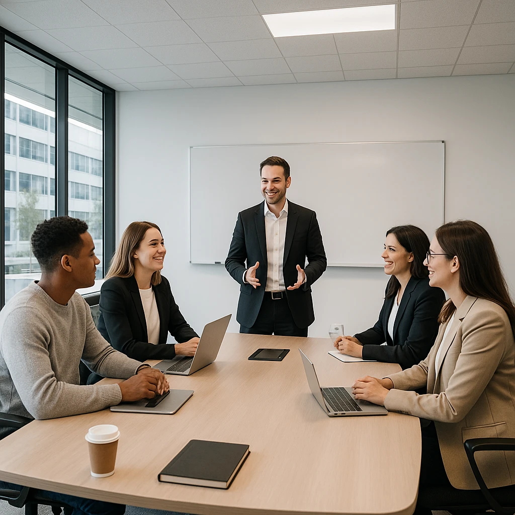 meeting room with people, modern office, clean design, professional environment, collaborative atmosphere emoji