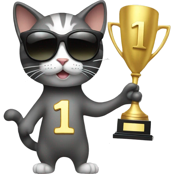 cat wearing sunglasses holding up a number ten trophy emoji