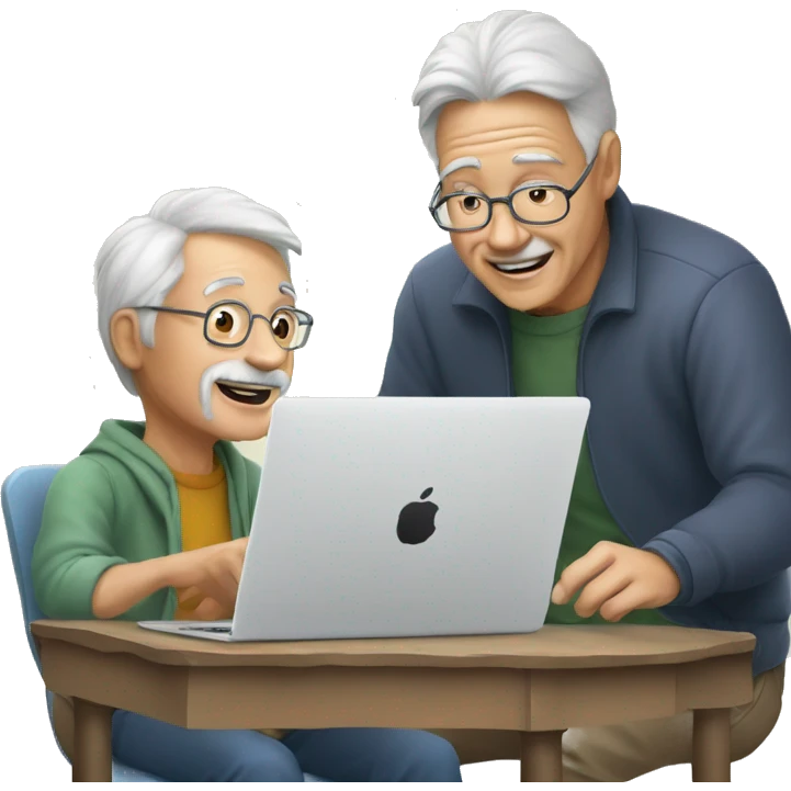 Young guy helping old man to use artificial intelligence on a MacBook  computer emoji