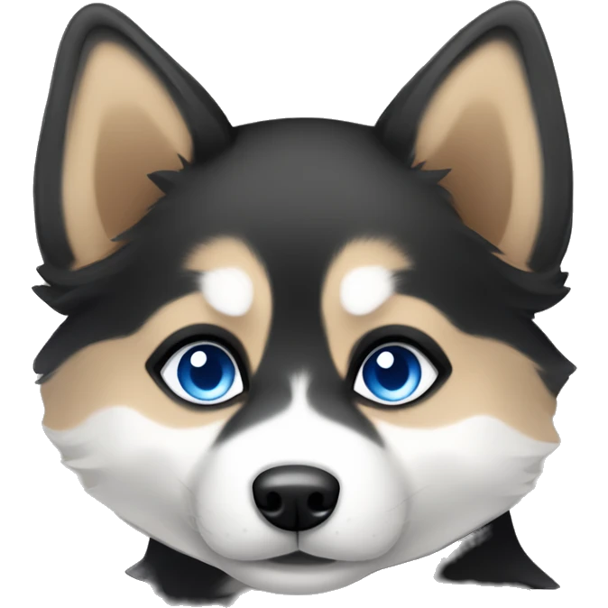 Black, white and tan pomsky with blue eyes.  emoji