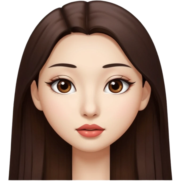 Una chica con piel muy clarita con pleo liso largo de color castaño y unos ojos marrones oscuro y labios grandes y nariz bonita y con unas pestañas que parezca asiatica emoji