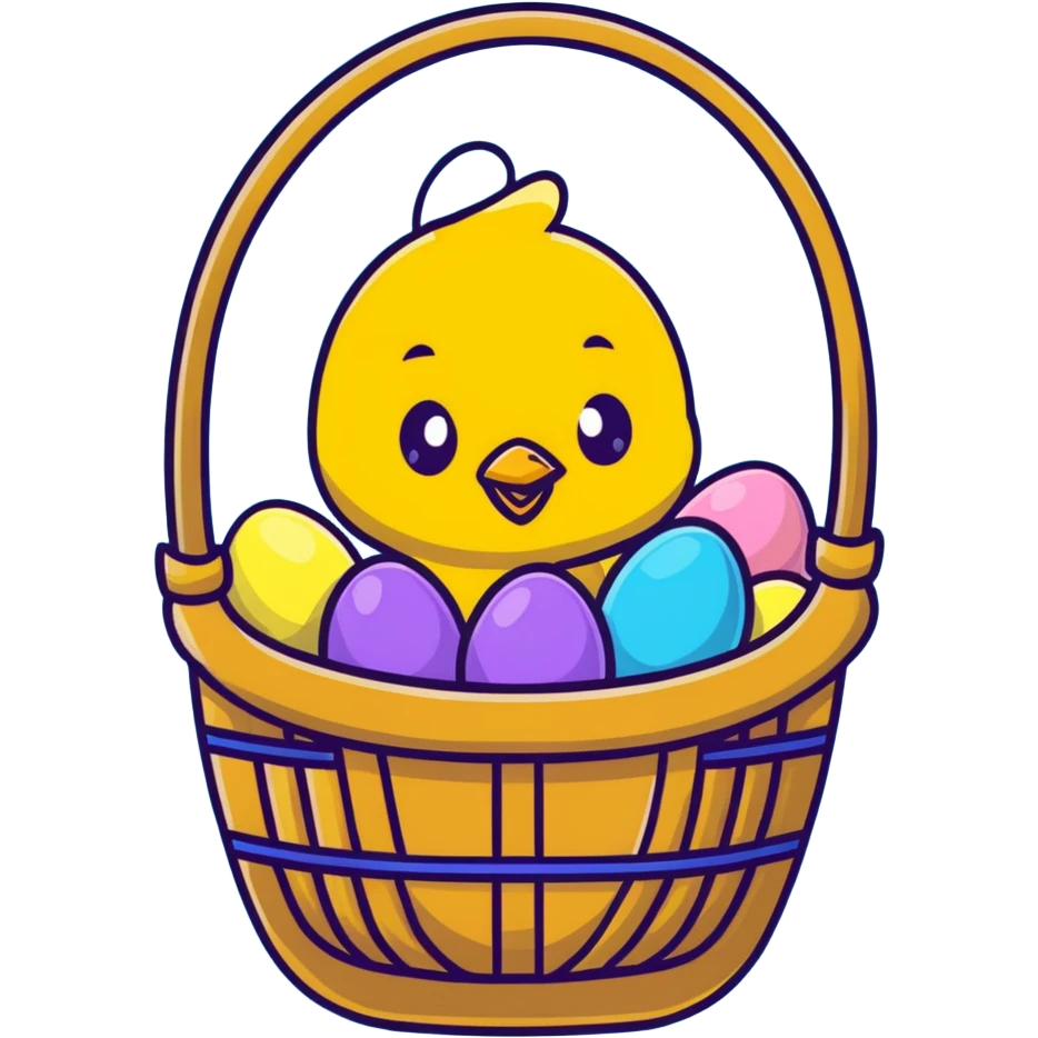 Yellow chick sitting in an Easter basket with colorful eggs emoji
