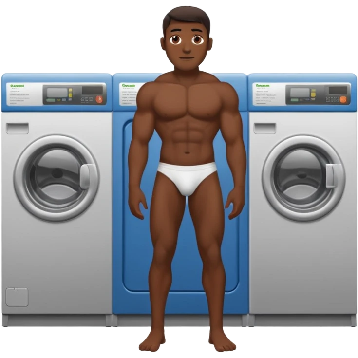 full view of a naked muscular dark skin man in a laundromat emoji