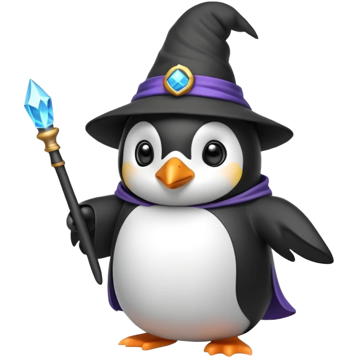 penguin wearing a wizard hat and robe, holding a magic wand emoji