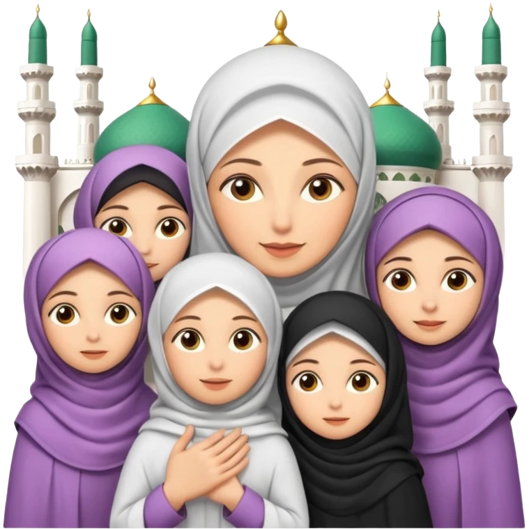 A picture of a mother with several daughters around her, the mother is wearing a veil and they are all in an Iranian Muslim mosque. Cartoon. 3D emoji