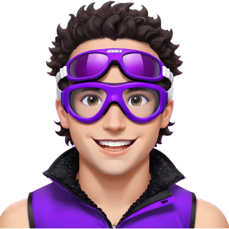 close-up of cool guy male athlete with white skin and moderately curly dark brown hair on top with shaved sides, wearing ski goggles with purple frames and very dark black lenses, winking behind the goggles, with an open mouth confident smile like a cool guy, a simple plain black chain necklace, and a completely unzipped sleeveless vest with purple and black sequin fire pattern design with no logo emoji