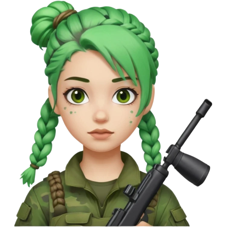 paintball player face girl braided green hair emoji