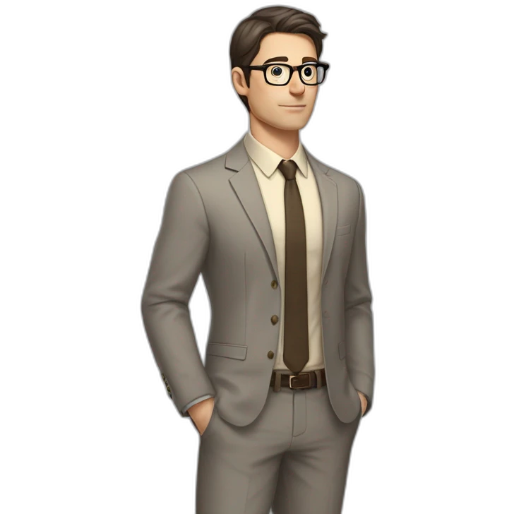 Full height Pale skinned Fit Man With dark brown hair in gray jacket, beige office shirt, tie, Brown pants and vintage glasses. Thrumbs of his palms directed up emoji