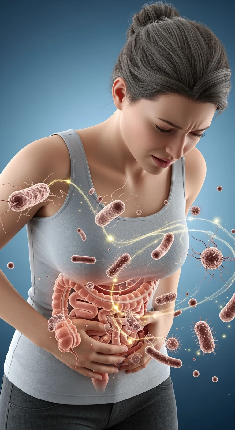 DONNA CON MAL DI PANCIA E INTESTINO UMANO ANATOMICO VISIBILE, BATTERI INTESTINALI FLUTTUANO INTORNO, IPERREALISTICO 4K emoji