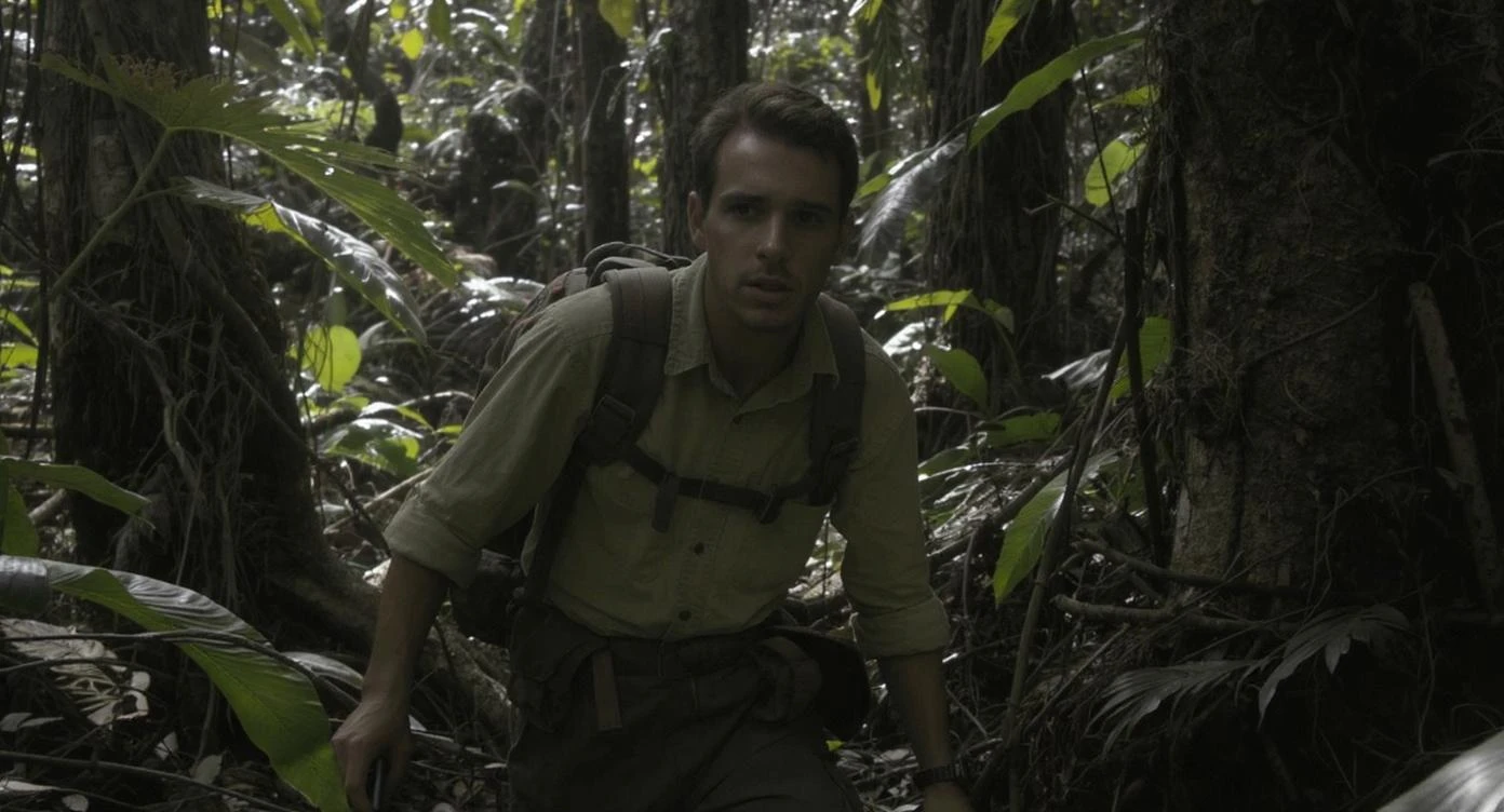 cinematic still, documentary photography, amazon jungle, well lit scene, man is exploring the jungle, close up, front shot, rule of thirds emoji