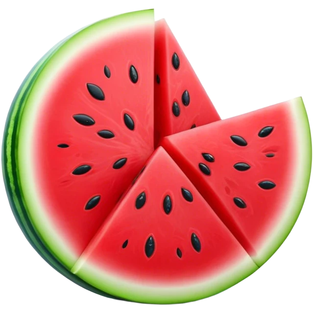 Cinematic juicy watermelon, thick slices revealing vibrant red interior, glossy and glistening with tiny black seeds, fresh and refreshing, soft glowing background, summer vibes. emoji