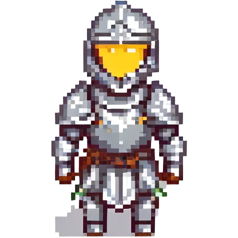 A pixel art knight in armor with a closed helmet, expressing joy. The knight's arms and legs are in different positions. The image is portrait-sized and has a clear outline. emoji