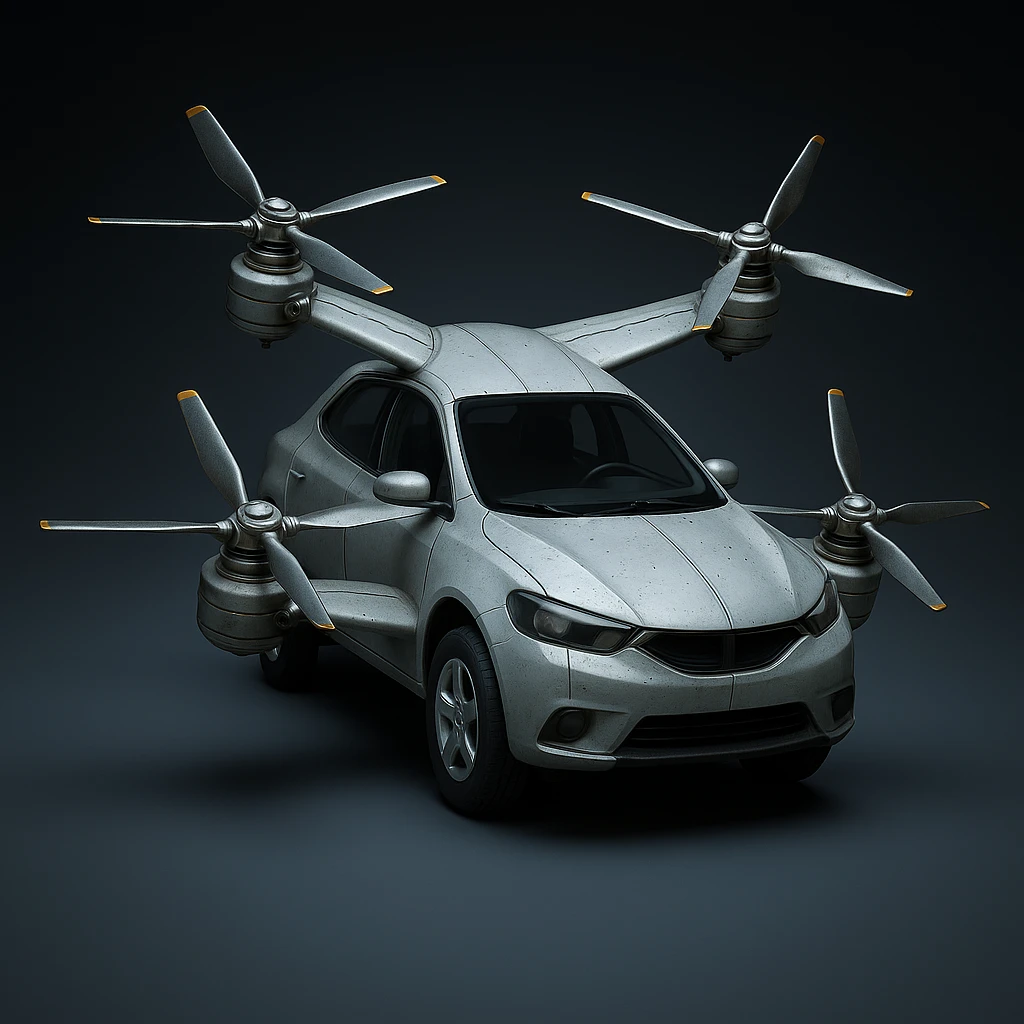 Modify this realistic flying car by moving two of the wings to the top of the car, keeping two wings on the sides, adding wheels to the car, and keeping propellers on all wings. Maintain the metallic finish and photorealistic style. emoji