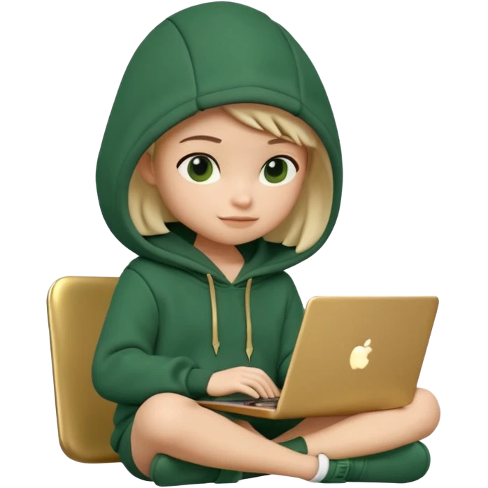 3D clay render character sitting with laptop, rounded cute design, deep green (#0B3D2C) hoodie, cream laptop, gold accents, Pixar style, transparent background emoji
