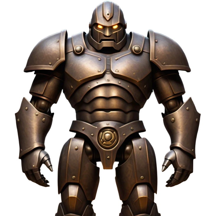 Cinematic Noble Mighty Iron Golem Portrait Emoji Poised and imposing, with a towering, metallic form forged from intricately detailed plates of burnished steel and ancient bronze, etched with faint traces of runes and weathered marks of time. Its piercing, glowing eyes radiate unwavering resolve, casting a solemn and commanding presence; rendered with lifelike texture and natural metallic highlights, high shine, elegant yet indomitable, styled with an aura of legendary endurance, focused and resolute, soft glowing outline, capturing the essence of an eternal guardian, standing vigilant and immovable as if ready to awaken at any moment with unstoppable might! emoji