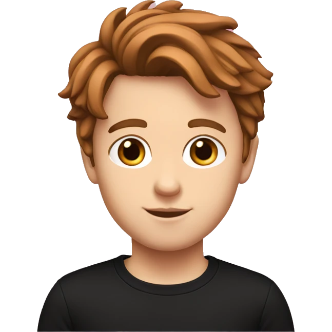 White boy with brown flippy hair. He has a black shirt with pink TCH monogram on it  emoji