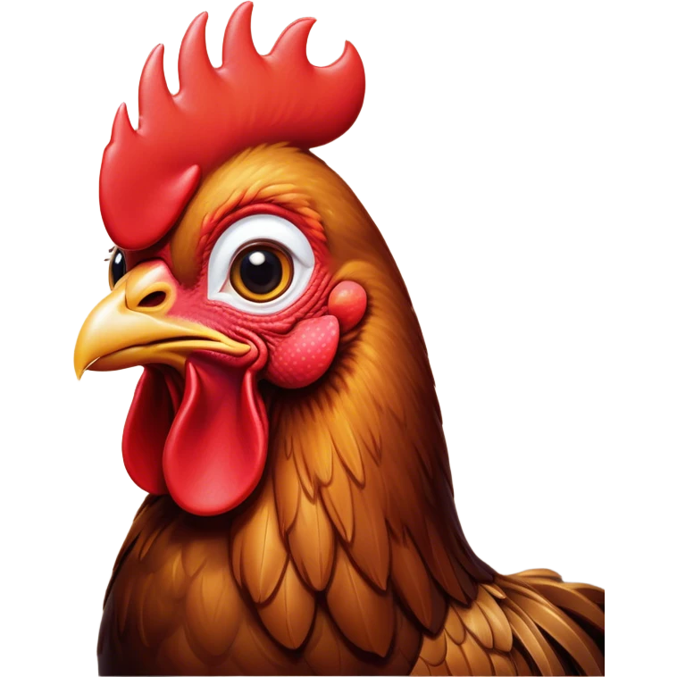 Cinematic Cute Brown Rooster Portrait Emoji, Head tilted playfully and inquisitively, featuring a glossy, immaculate brown plumage with a vibrant red comb, round, sparkling warm eyes filled with curiosity, Simplified yet irresistibly adorable features, highly detailed, glowing with a warm, friendly glow, high shine, affectionate and spirited, stylized with a touch of farmyard whimsy, bright and endearing, soft glowing outline, capturing the essence of a mischievous yet loving rooster, so playful it feels like it could strut out of the screen and into your arms! emoji