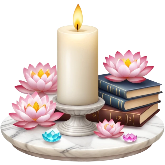 Aesthetic candles, flower petals, books, marble stand, crystal stones, lotus, feathers, zen, decoration, meditation,  emoji
