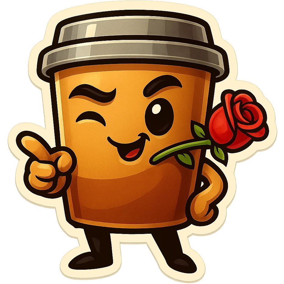 Tall coffee cup, rose in mouth, wiggle eyebrow, smirk, pointing at viewer emoji