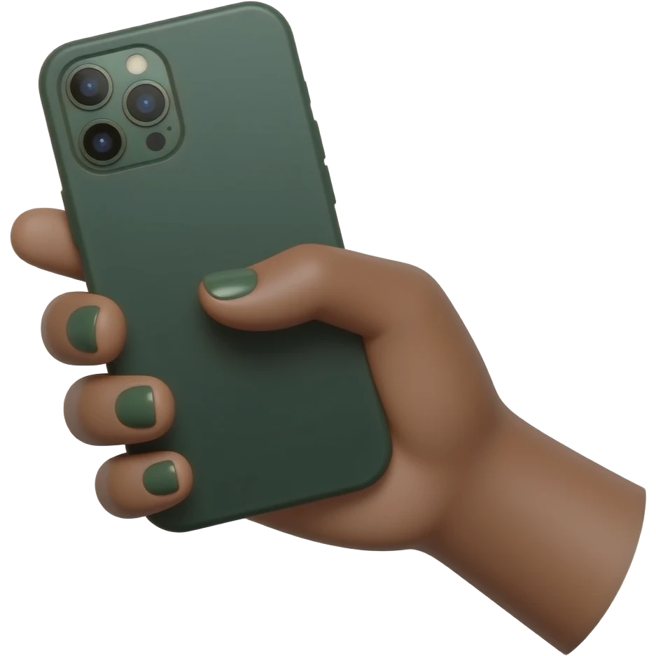 A brown skinned female hand with thin fingers and dark green nails holds a dark green smartphone emoji