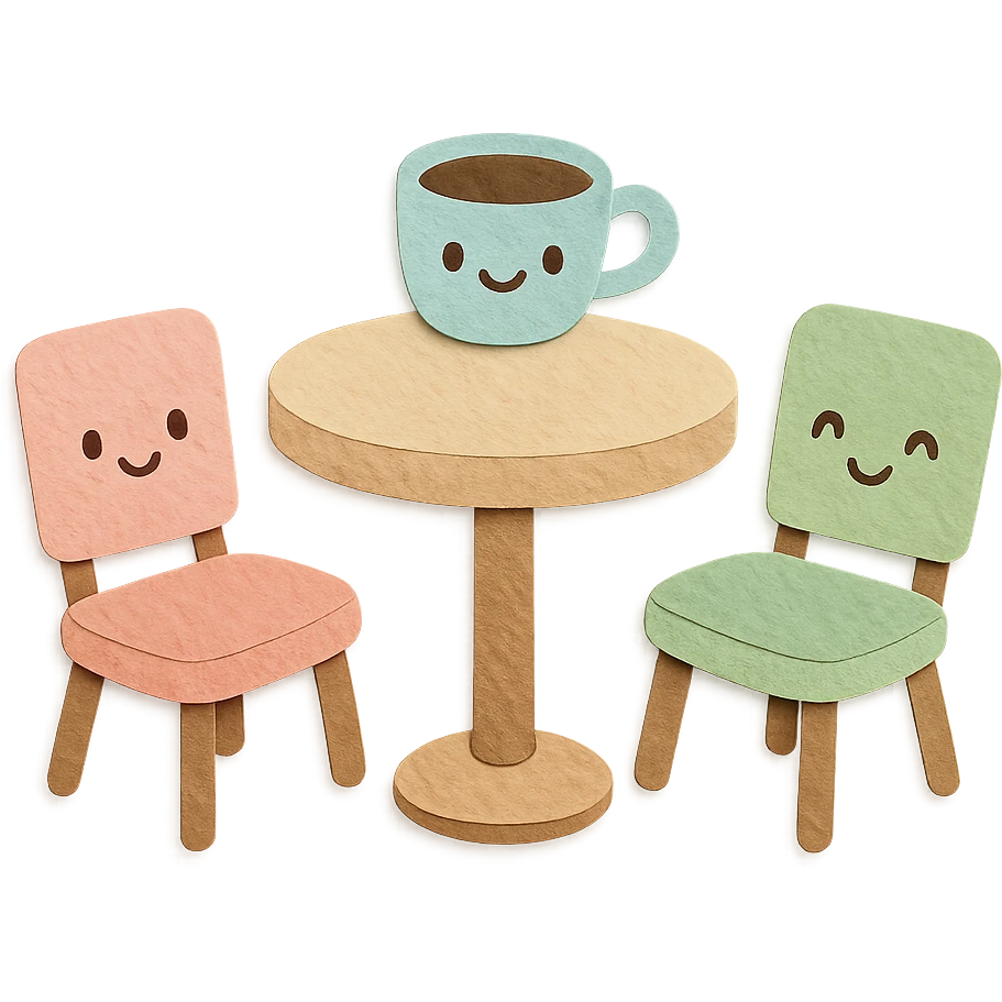kawaii coffee shop table and chairs set with smiling faces, soft pastel hand-drawn illustration emoji