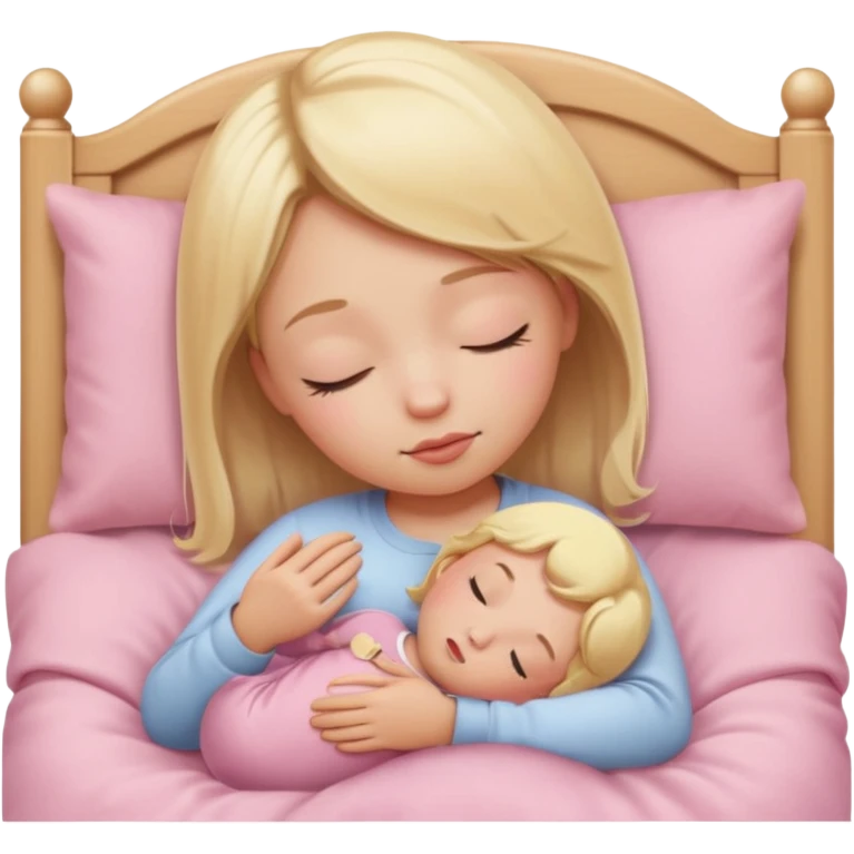 side view of a girl with blonde hair, eyes closed, tucked into a baby pink bed, simple and iconic look, apple emoji style emoji