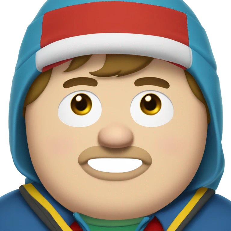 eric cartman (fat boy with white skin tone, blue and yellow poofball hat, red jacket, oval eyes, no nose and smile) emoji