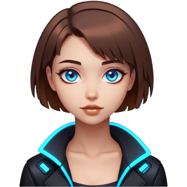 neon cyberpunk style 
girl with brown bob hair and blue eyes flirts emoji