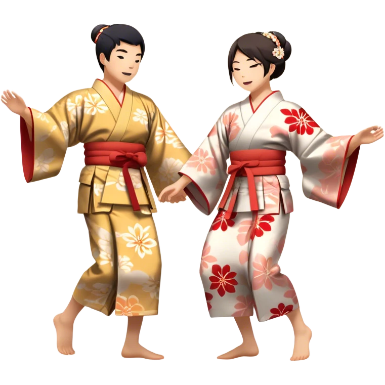 Cinematic Realistic scene of two performers engaging in Bon Odori, dressed in traditional yukata with intricate summer patterns, captured in graceful, rhythmic motion with warm, festive lighting emoji