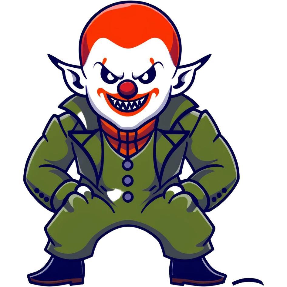 evil clown warrior, bald, small black horns on forehead, fangs, pointed ears, eye patch over one eye, long coat over black and military green leisure suit with bellbottom pants, tail, realistically proportioned, less bulky, full body visible, battle-ready fighting posture emoji