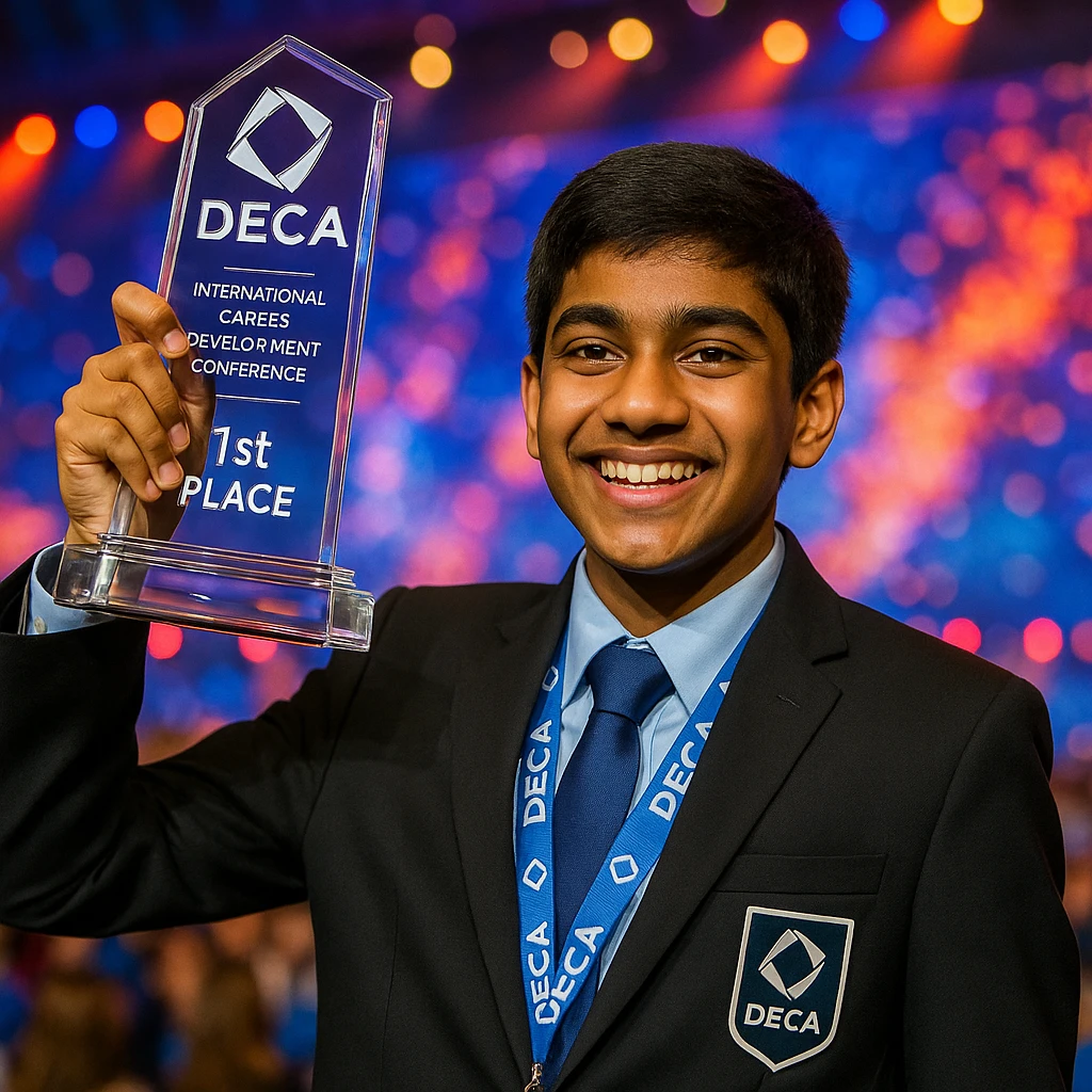 An Indian 14-year-old boy celebrating his victory at the DECA International Career Development Conference, holding up a detailed, realistic DECA glass trophy with accurate shape and etching. The boy is smiling proudly, wearing a suit and DECA lanyard. The scene is vibrant and energetic, capturing the excitement of winning first place. emoji