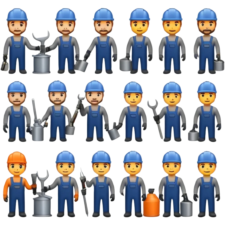 Professional custom emojis of industrial workers: welder, grinder, CNC operator, spray painter, metalworker. Modern, clean, slightly 3D style. Industrial color palette: steel gray, navy, orange. Transparent background emoji