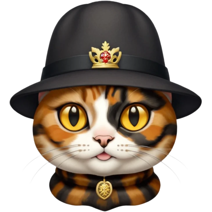 mostly black tortoiseshell cat, gold eyes, british hat emoji