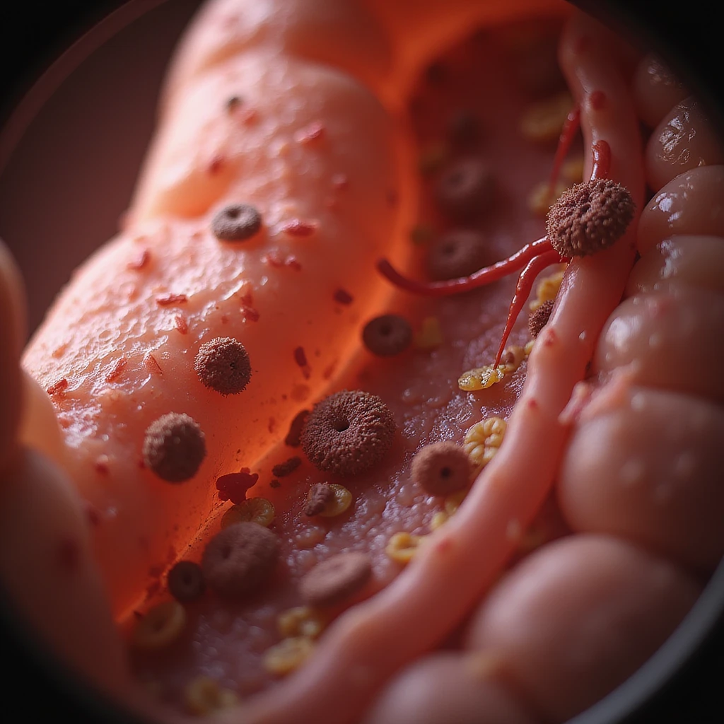 hyperrealistic 4K close-up of female intestine, various shapes and sizes of bacteria and microorganisms, inflamed walls, medical atmosphere, no parasites emoji