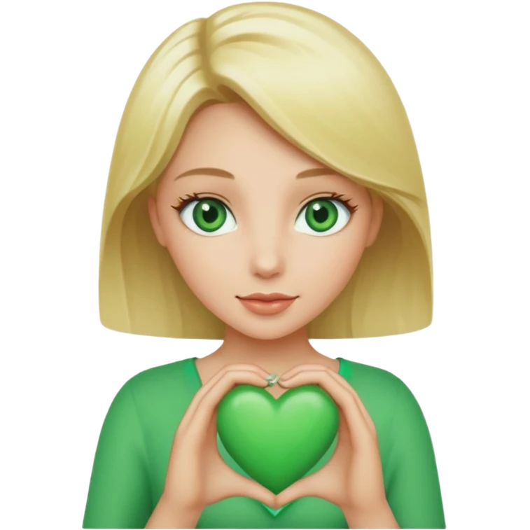 Create a blonde less angelic women with green eyes holding a green hearth emoji