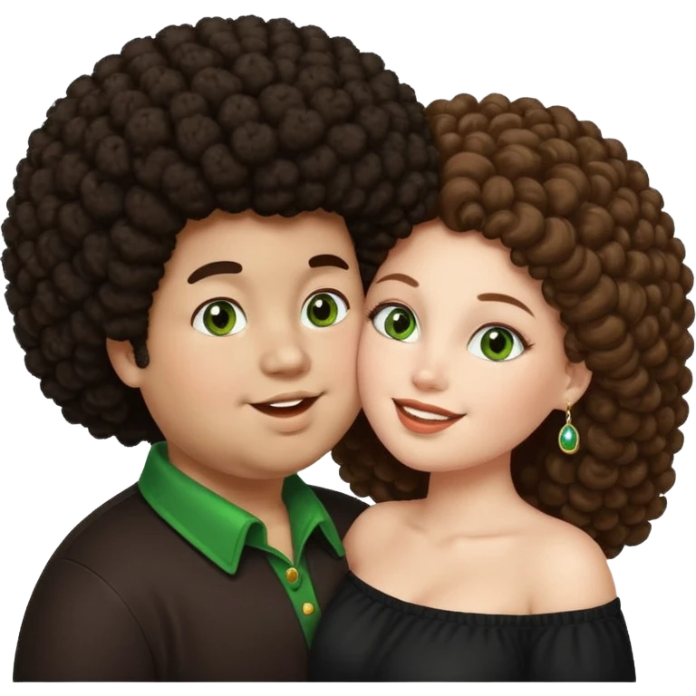 very dark fat boy with afro kissing pretty white girl with long brown hair and green eyes  emoji