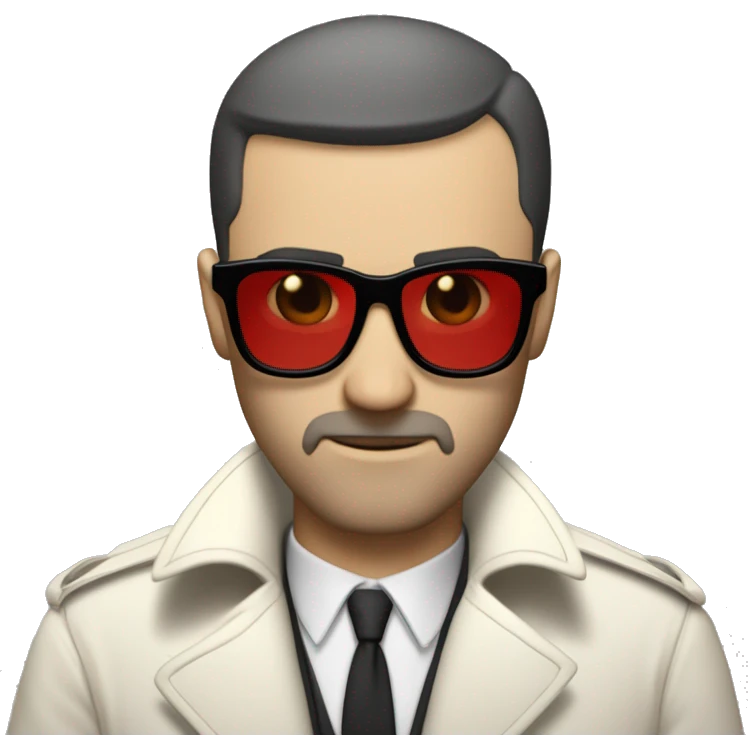 <excerpt>
A white man with real buzz cut Black hair, beard stubble donning small red tinted sun glasses in a dirty white trench coat, is serious.
</excerpt> emoji