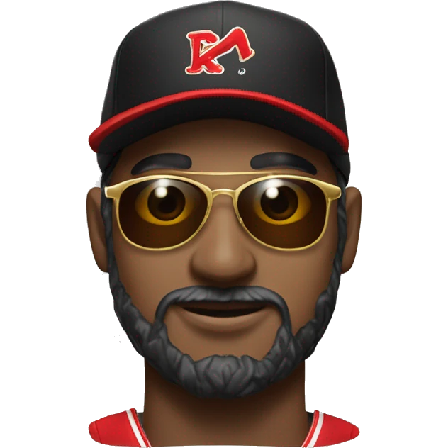 A brown-white man face with red bandana on head under a black baseball cap , sunglass created with gold in eye emoji