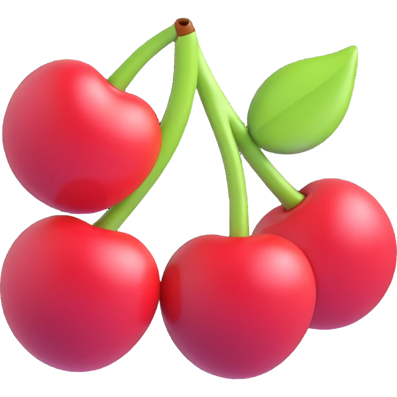 Add a sparkle effect around the cherries, maintaining the 3D iOS emoji style with depth, shading, and a glossy finish. Preserve the transparent background. emoji