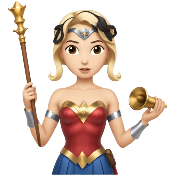 Blonde Wonder Woman holding bell and short white orchestra conductor’s baton  emoji