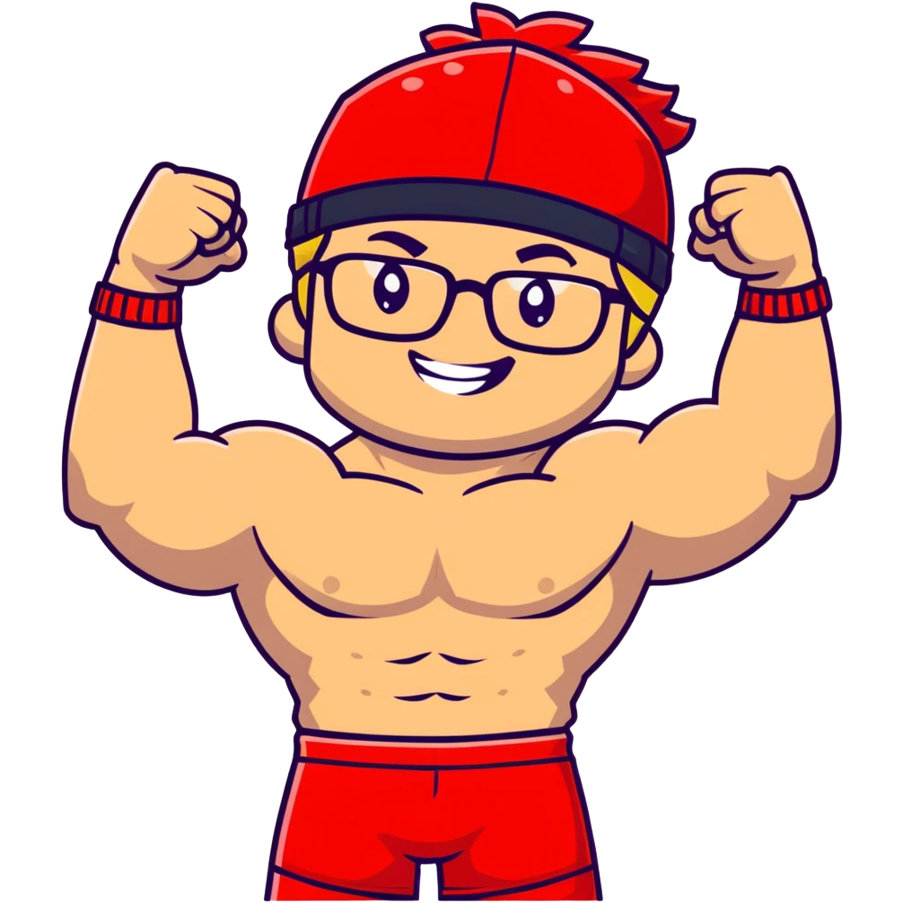 Man with black and white cap, shirtless muscular body, red shorts, clear glasses, messy light blond mullet hairstyle, flexing muscles and smiling emoji