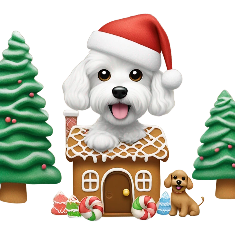 Cute Maltese poodle mix dog wearing Ugg boots and a cute little gingerbread house being decorated from the dog. Dog also needs a Santa hat and one AirPod on. Snow falling behind the dog and also snow covered trees behind  emoji