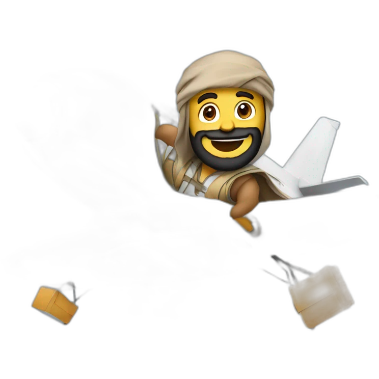 arab with a beard in a squared cardboard vest dancing on top of a plane emoji