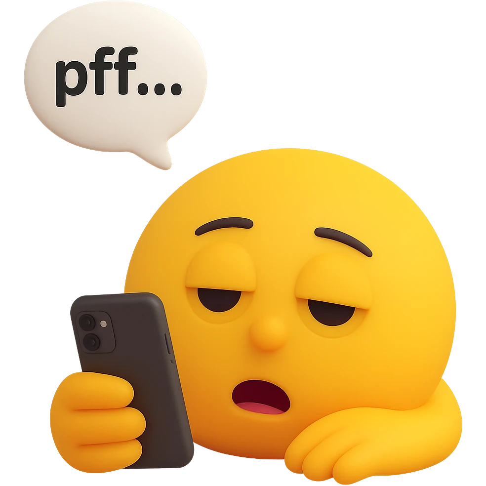 Add a phone in the hand of the bored, exhausted emoji lying down, heavy eyelids, mouth slightly open, with a thought bubble containing 'pfff…', representing 'la flemme'. Preserve the transparent background. emoji