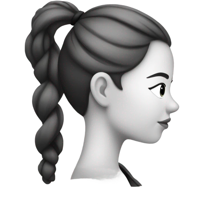 Bad drawing of a Side profile of a woman with a pony tail and black circles where blush would be, in black and white emoji