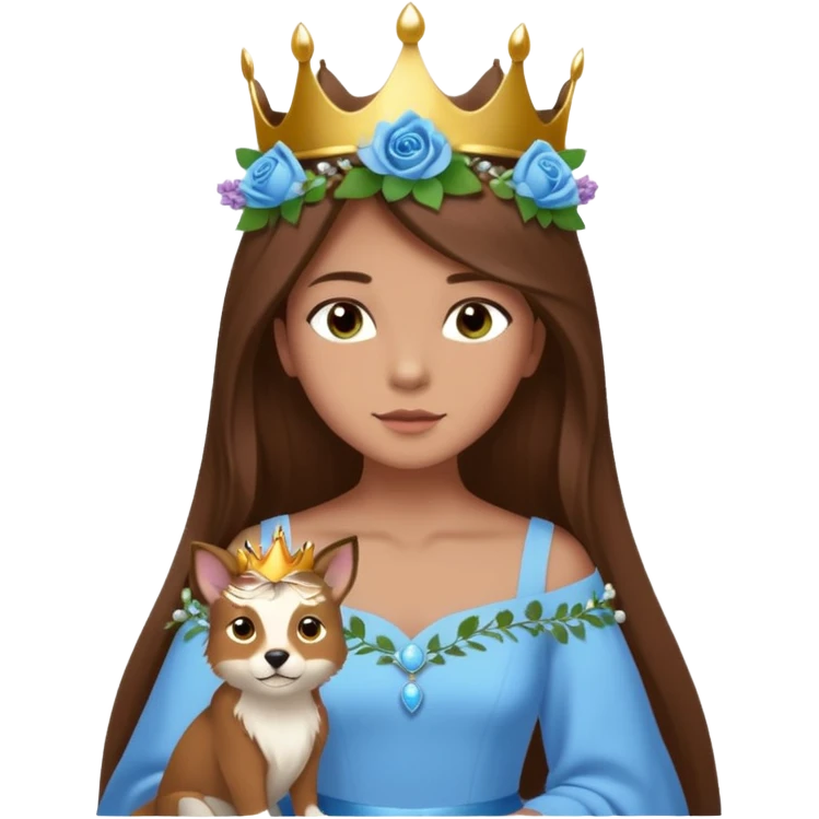 a 12 year old girl with shinny long brown hair and pretty green eyes that have long dark eye lashes wearing a sky blue gown in a beautiful forest with adorable animals and stunning roses and lilacs surrounding her as she smells the only sky blue rose she is also wearing a crown that has pearls emoji